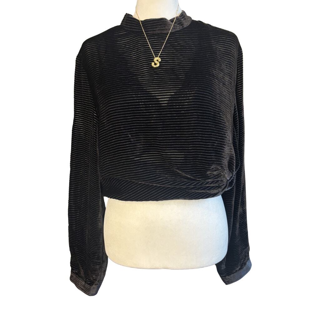 Eileen Fisher Velvet Silk Burnout Stripe Mock Neck Top Black Size S